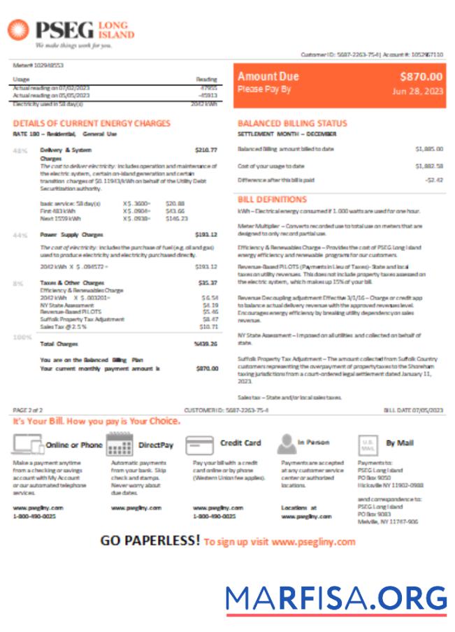 Downloadable New Jersey PSEG electricity utility bill, SCR, page 2 real example